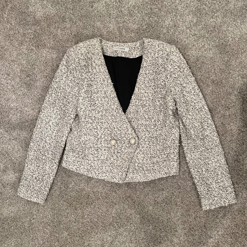 Intermix Double Breasted Tweed Blazer in Ivory Pearl Buttons Size 6